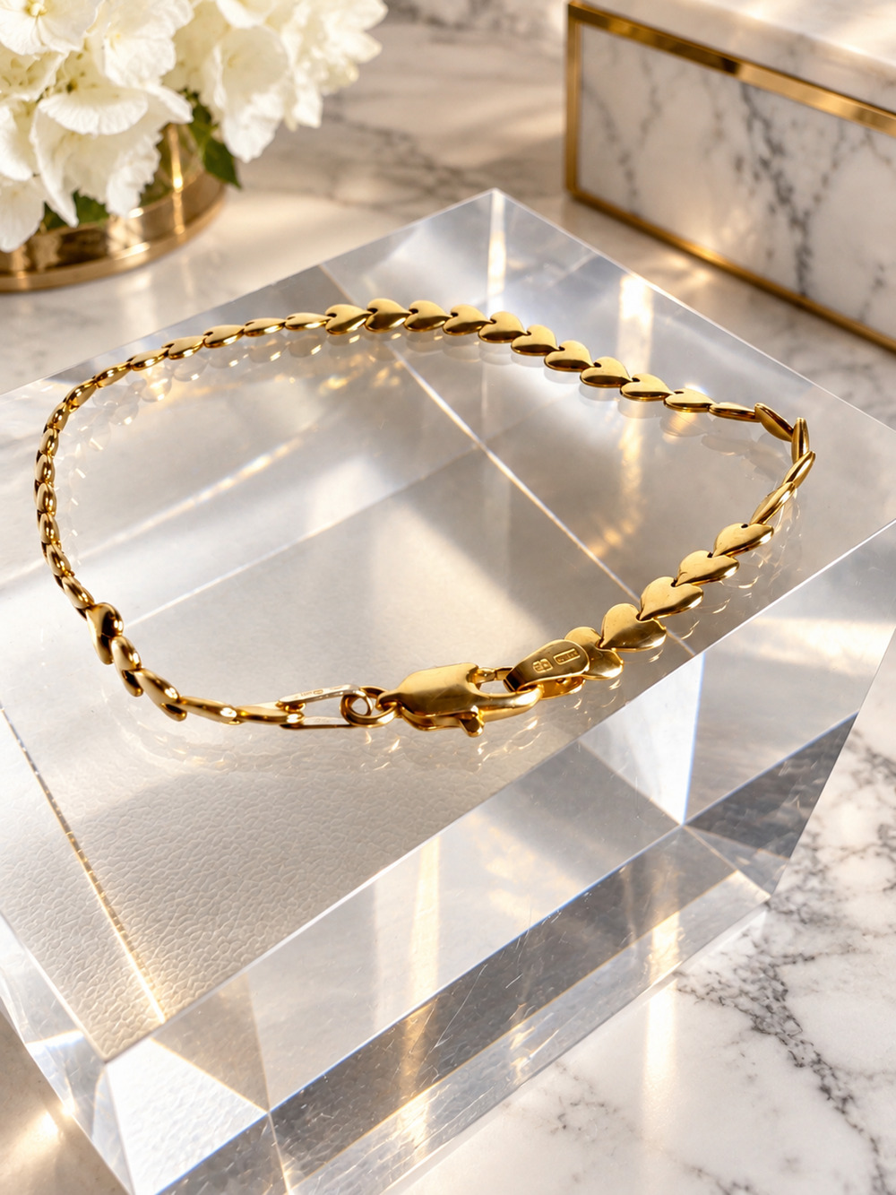 Solid 14K Yellow Gold Heart Link Bracelet 7" Made in Italy Vicenza 3.44g Fine
